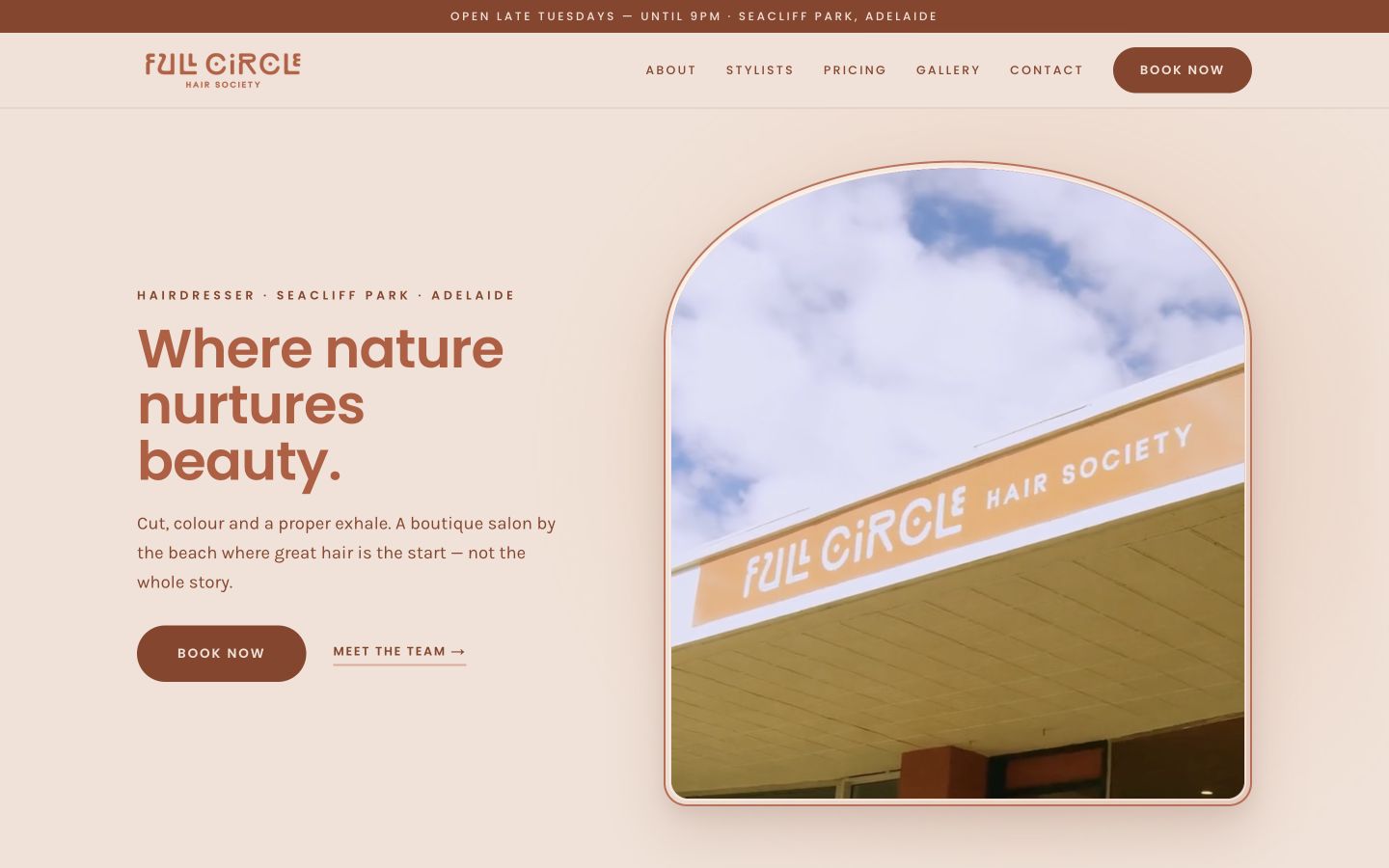 Full Circle Hair Society website designed and built by Spice of Life Media, shown on desktop