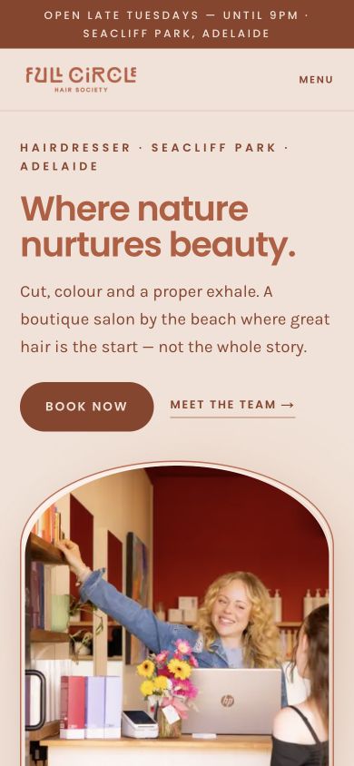 Full Circle Hair Society website designed and built by Spice of Life Media, shown on mobile