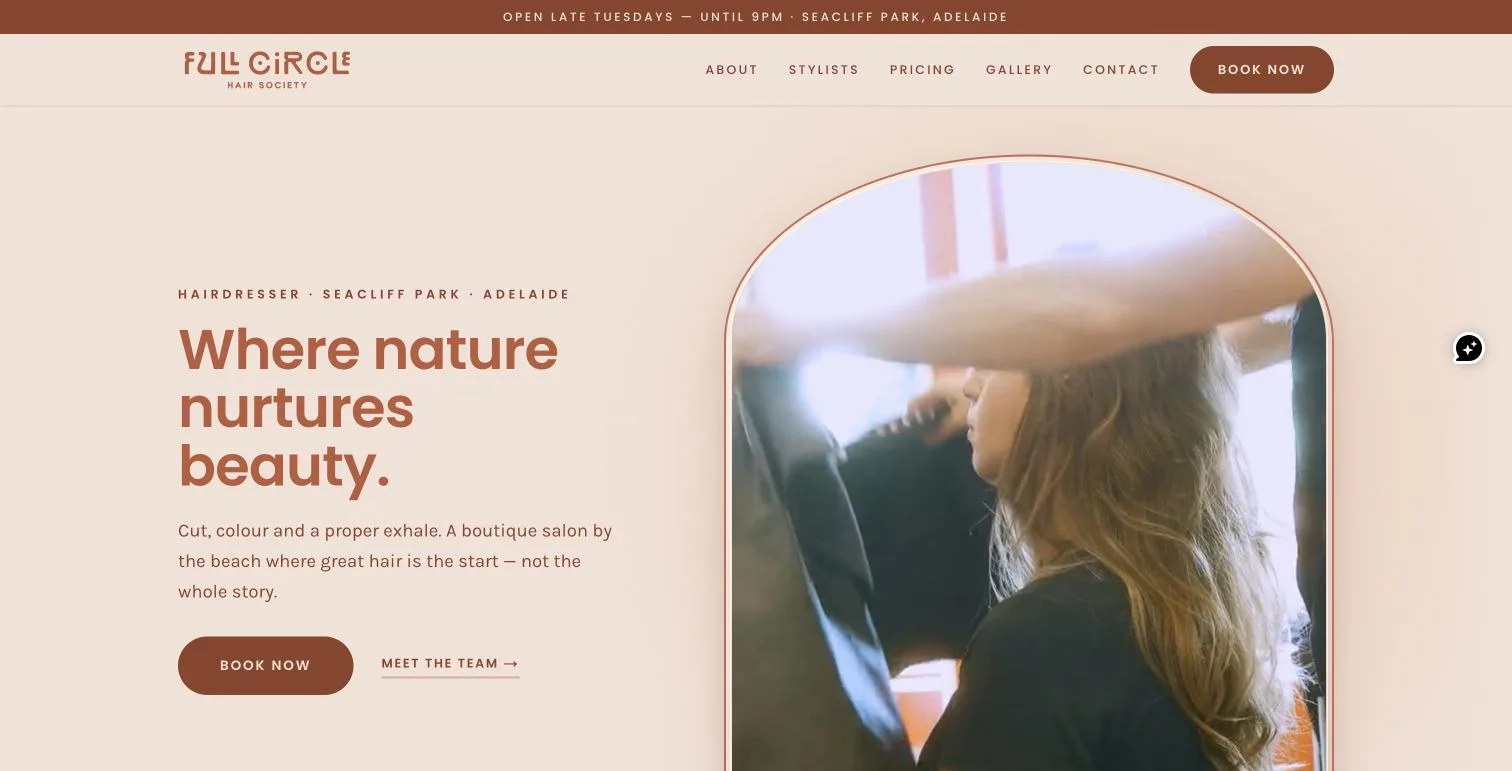 Full Circle Hair Society website designed by SOL Media for the Seacliff Park salon